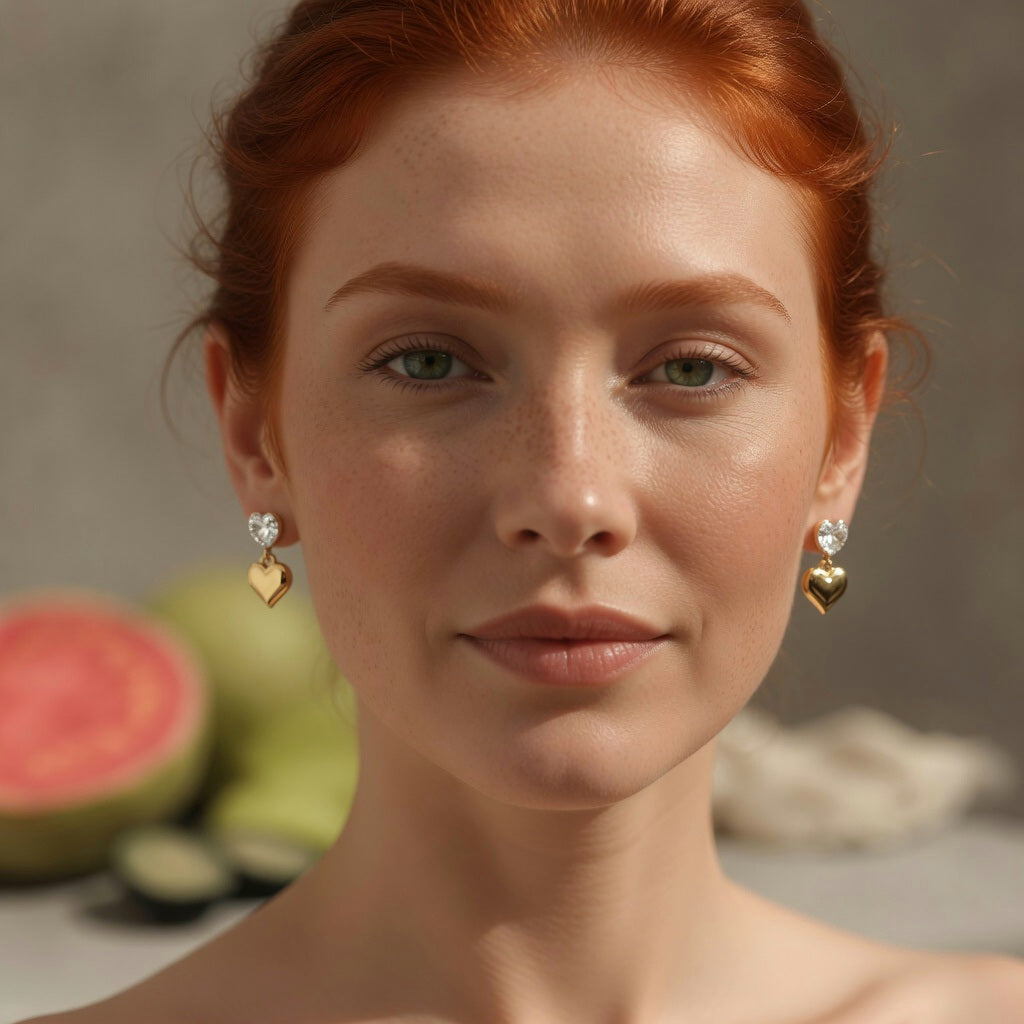 Asia, Real Gold Plated Stainless Steel PVD Coated Heart Shape Drop Ear Studs For Women's