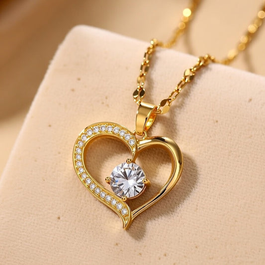 Heart Shape Stainless Steel Zircon Hollow Out Pendant Necklace