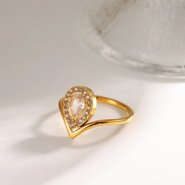 Bezel Setting 304 Stainless Steel Gold Plated Vacuum Electroplating, Women's Zircon Ring