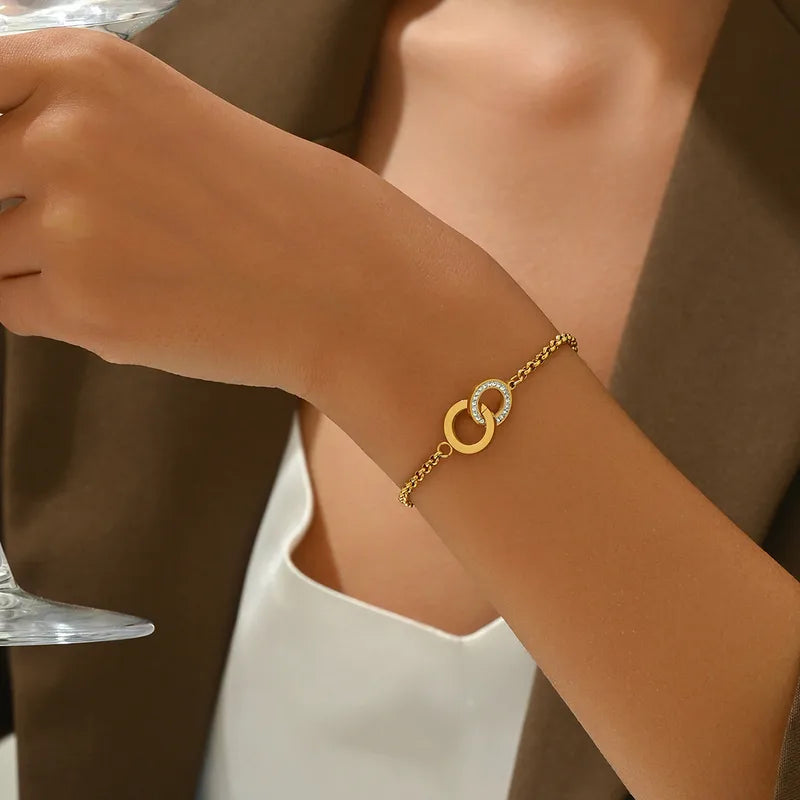 Double Ring Star Studded Bracelet, Stainless Steel 14K Gold Plated Zircon, Vacuum Electroplated Waterproof Non-Fading Bracelet in Gold