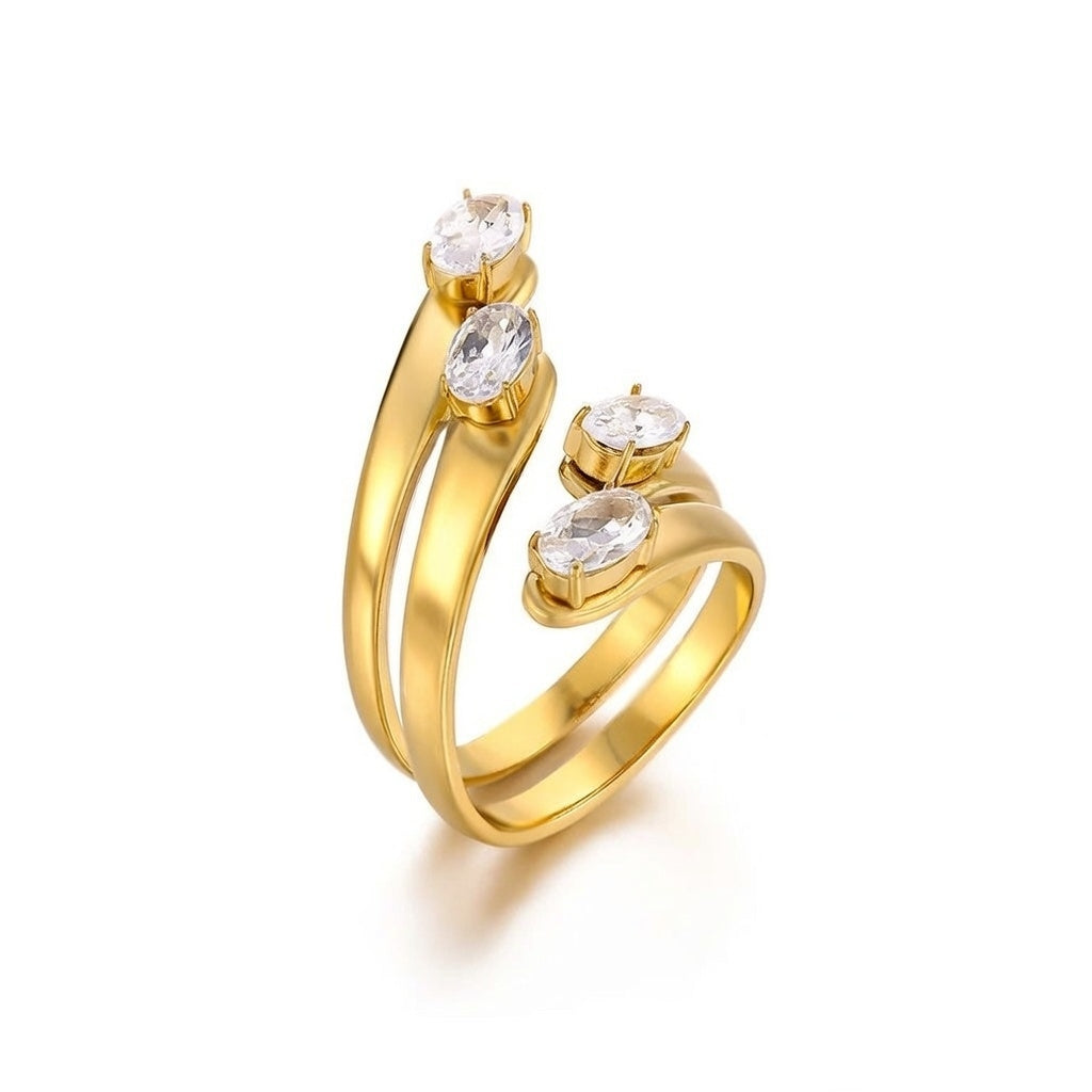 Kiara, Open Style Stainless Steel  Diamond Inlaid, Gold Plated Ring for women