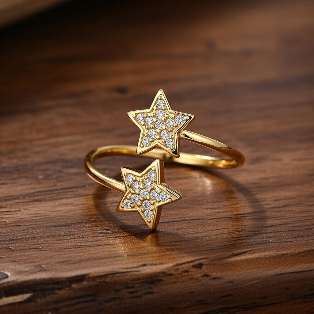 Open Ring Stainless Steel Material Double Star Diamond Inlaid, Gold Plating