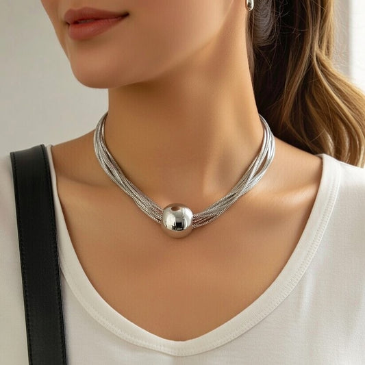 Exaggerated Ball & Chain Titanium Steel Polishing Chain Choker Silver