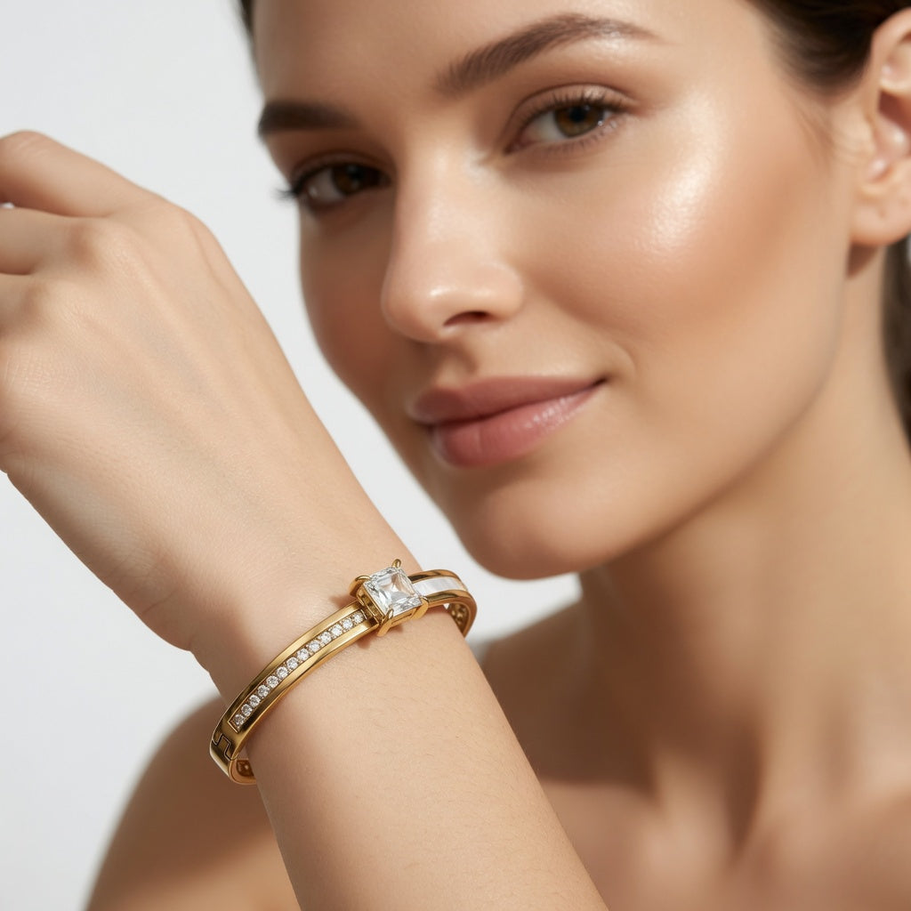 Gemini,  18K Gold Plated Stainless Steel, Vacuum Electroplating, Zircon Round Line Polished, Casual Flip Open, For Women