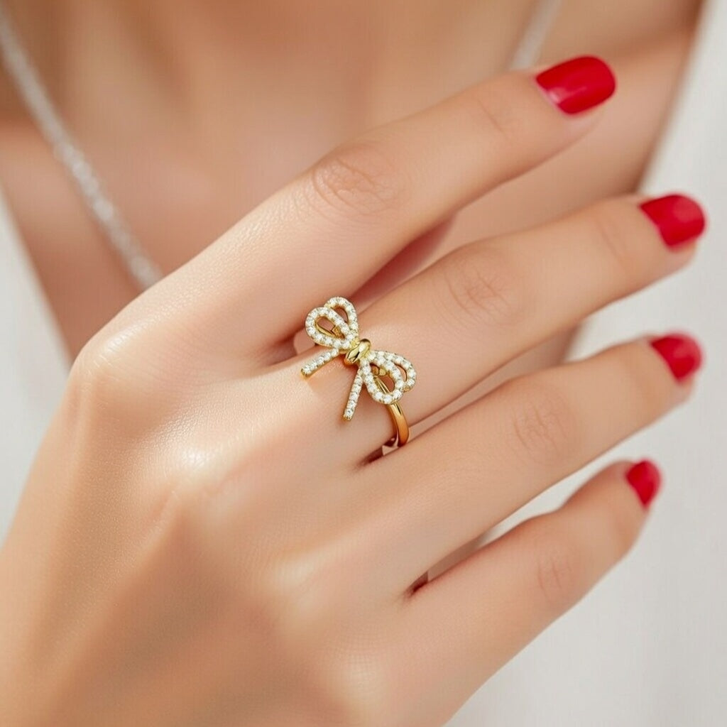 Betty, Fashion Bow Knot Copper Plating Inlay Pearl Zircon Open Ring