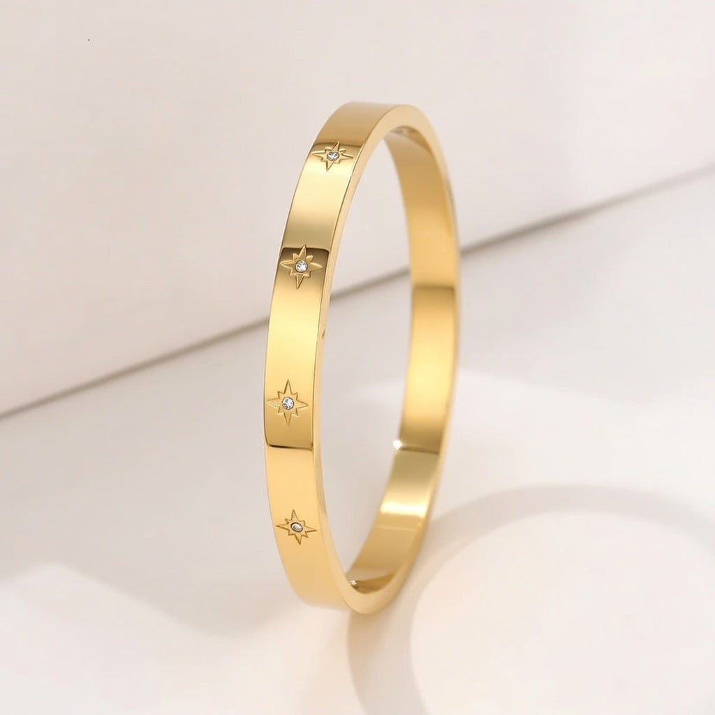 Shinning Star Design Bangle Bracelet, Gold Plated Stainless Steel Glass