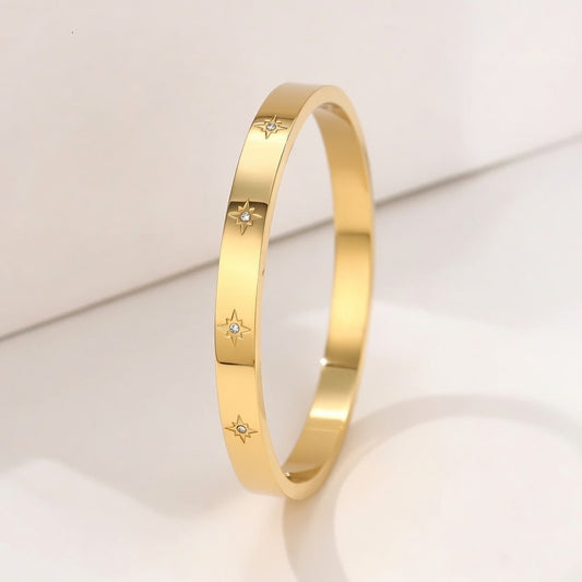 Shinning Star Design Bangle Bracelet, Gold Plated Stainless Steel Glass