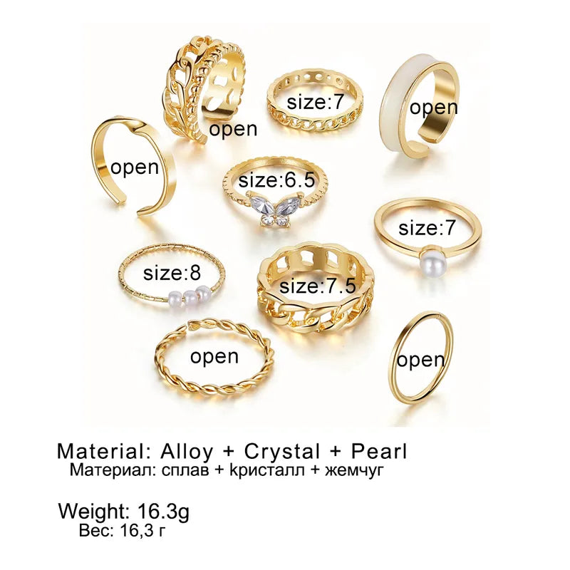 (9 Piece Ring Set) Simple Style Geometric Alloy Plating Inlay Artificial Pearls Rhinestones for Women