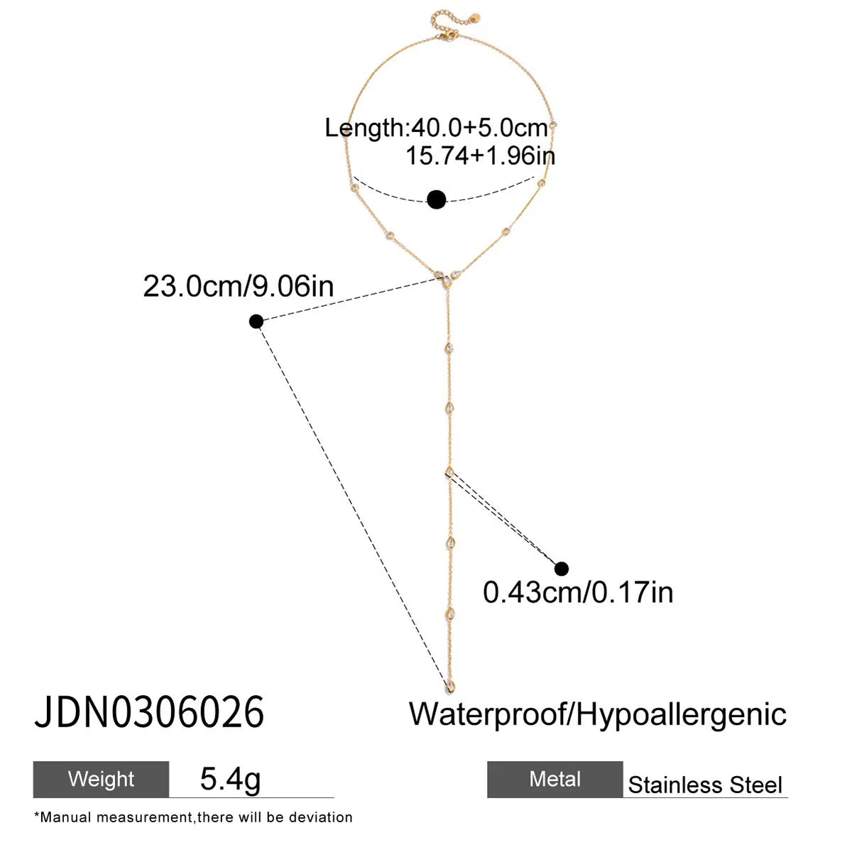 Ladies Classic Style 18K Gold Stainless Steel Zirconia Square Y-Chain Necklace 40+5cm Vacuum Plated Real Gold