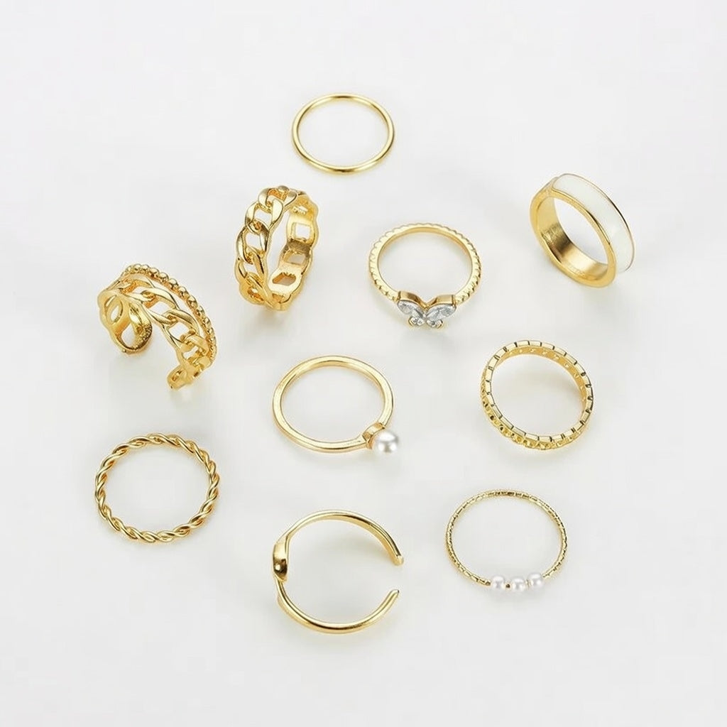 (9 Piece Ring Set) Simple Style Geometric Alloy Plating Inlay Artificial Pearls Rhinestones for Women