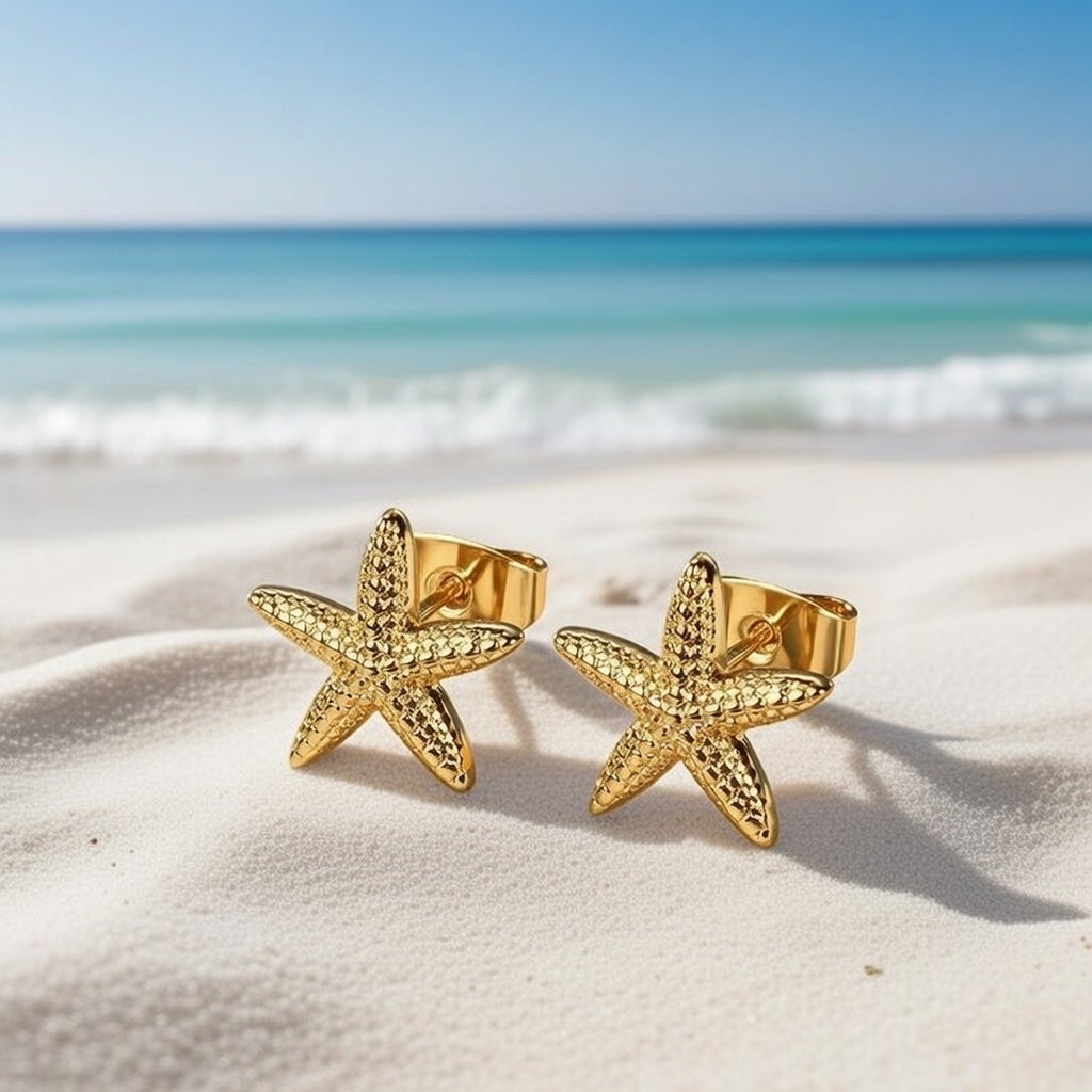 Star Fish Style Small Stud Earrings, Gold Plated Stainless Steel  Earring Set (1 Pair)
