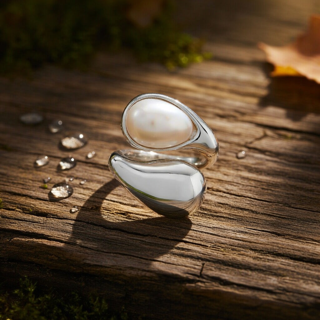 Eliza, Gold Plated Stainless Steel Ion Plating (IP) Pearl Tiger Eye Geometric Waterproof Non Tarnish, Open Ring In Steel