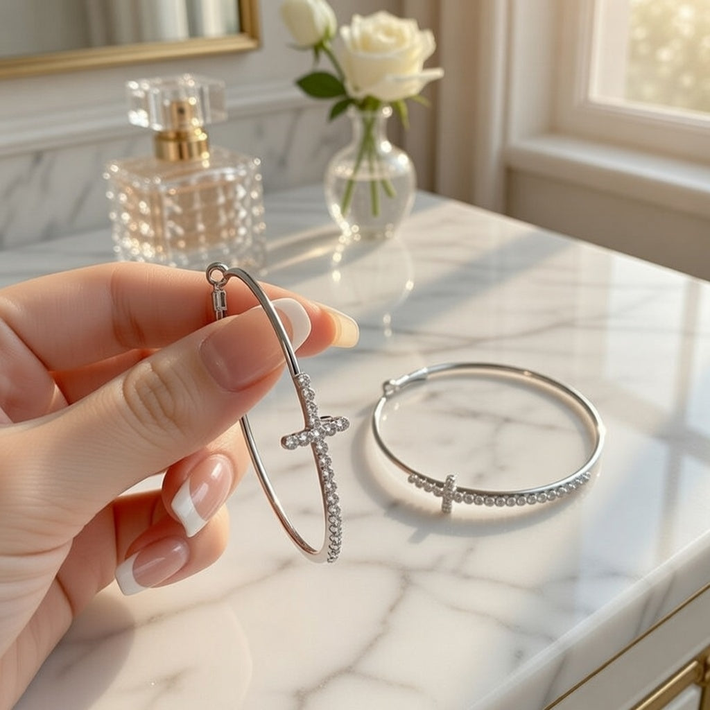 Nyx, Large Hoop Earrings With Cross Inlaid Shiny Diamonds Slim Fit