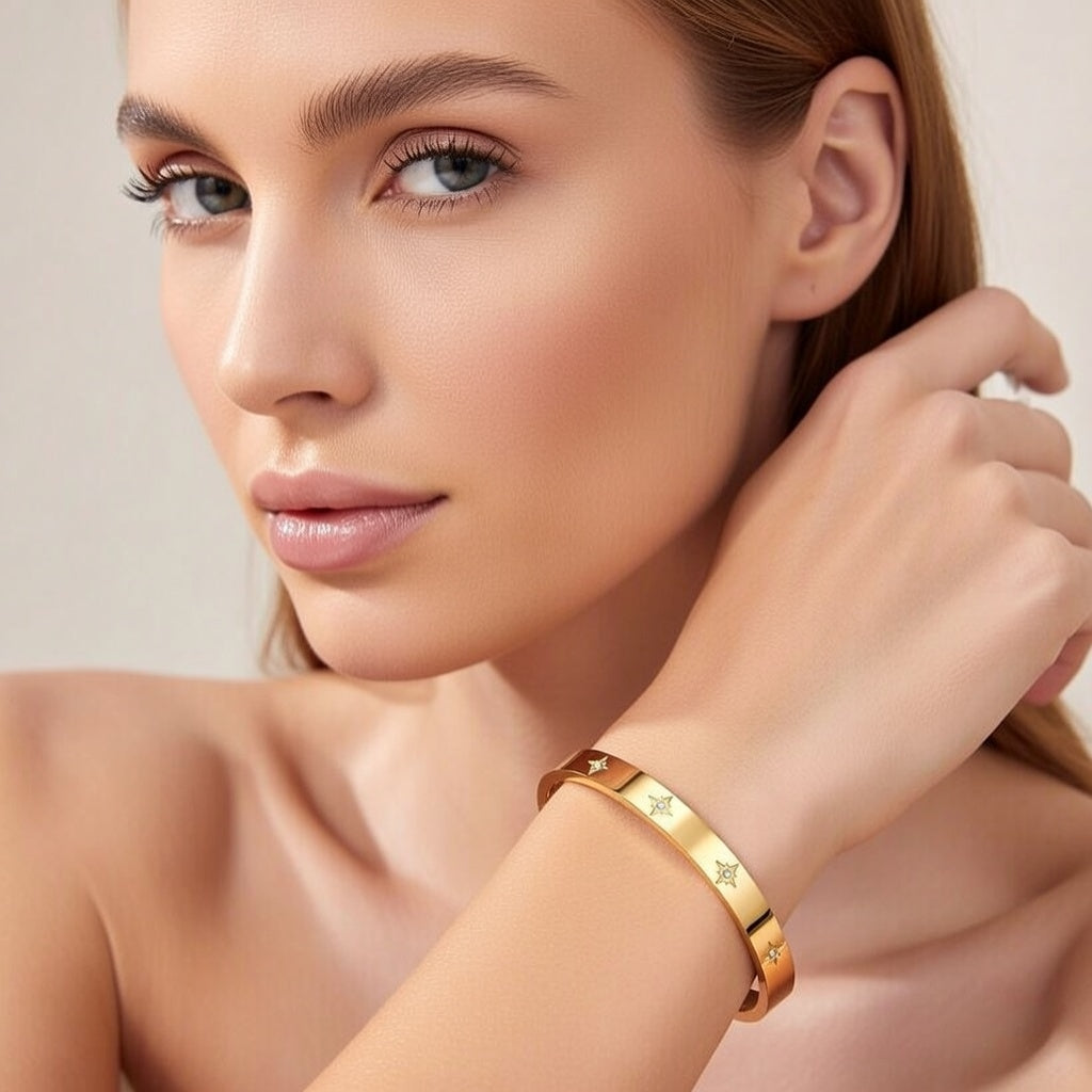 Shinning Star Design Bangle Bracelet, Gold Plated Stainless Steel Glass