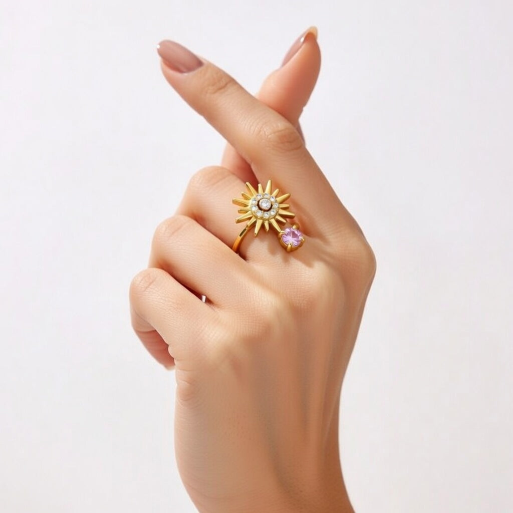 Alba, Open Ring Stainless Steel Material Flower Burst Diamond Inlaid, Gold Plating