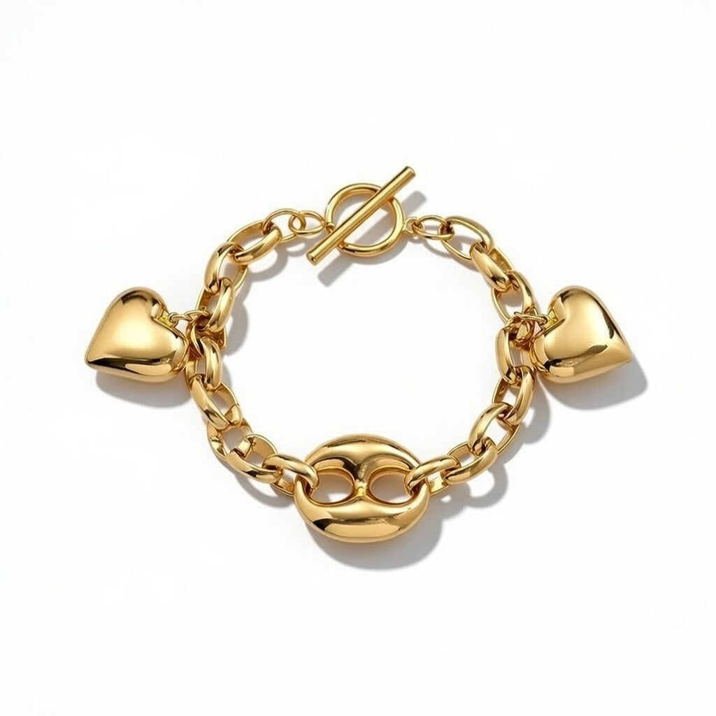 Beyonce, Stainless Steel Gold Plated Horseshoe Clasp, Three-Dimensional Heart Bracelet