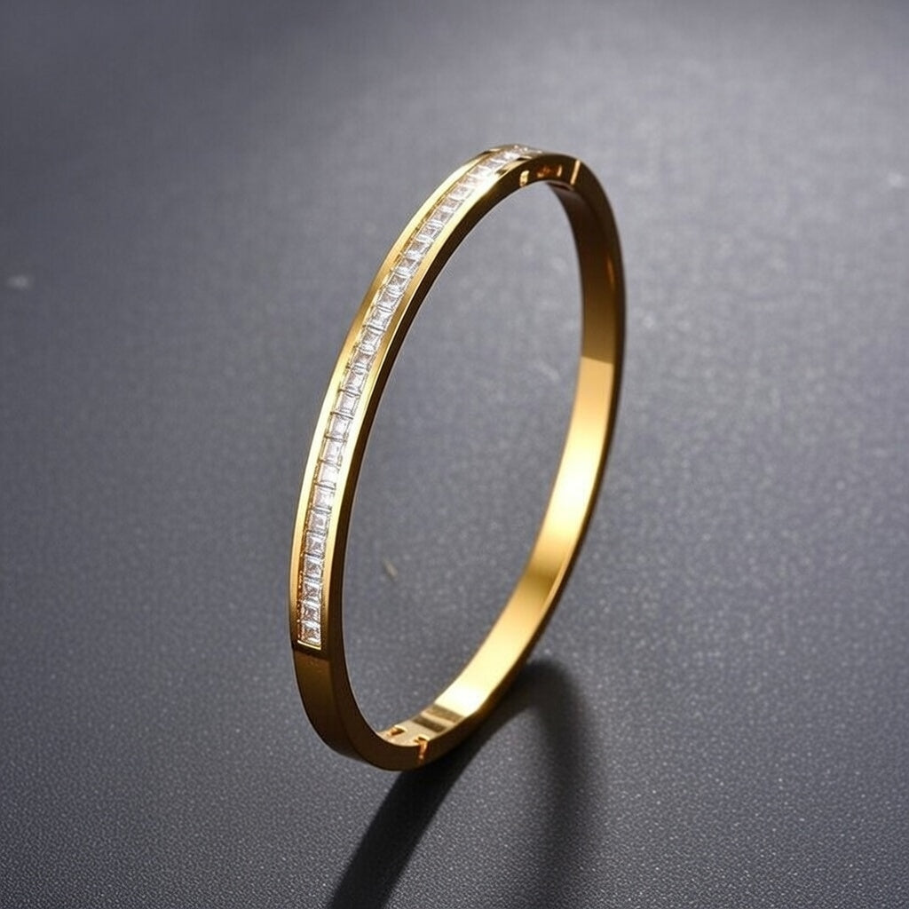 Rose, It Girl Stainless Steel Bangle Bracelet With Rhinestone In-Lab Gold Plating