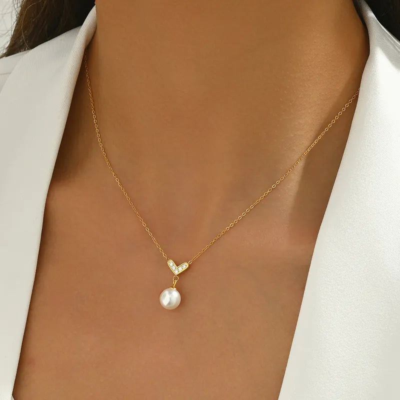 Harlow, Milad Style V-Shaped Diamond-Studded Pearl Necklace, Stainless Steel Clavicle Chain Design, 18K Real Gold Plated Vacuum Electroplated Ball Chain Pendant