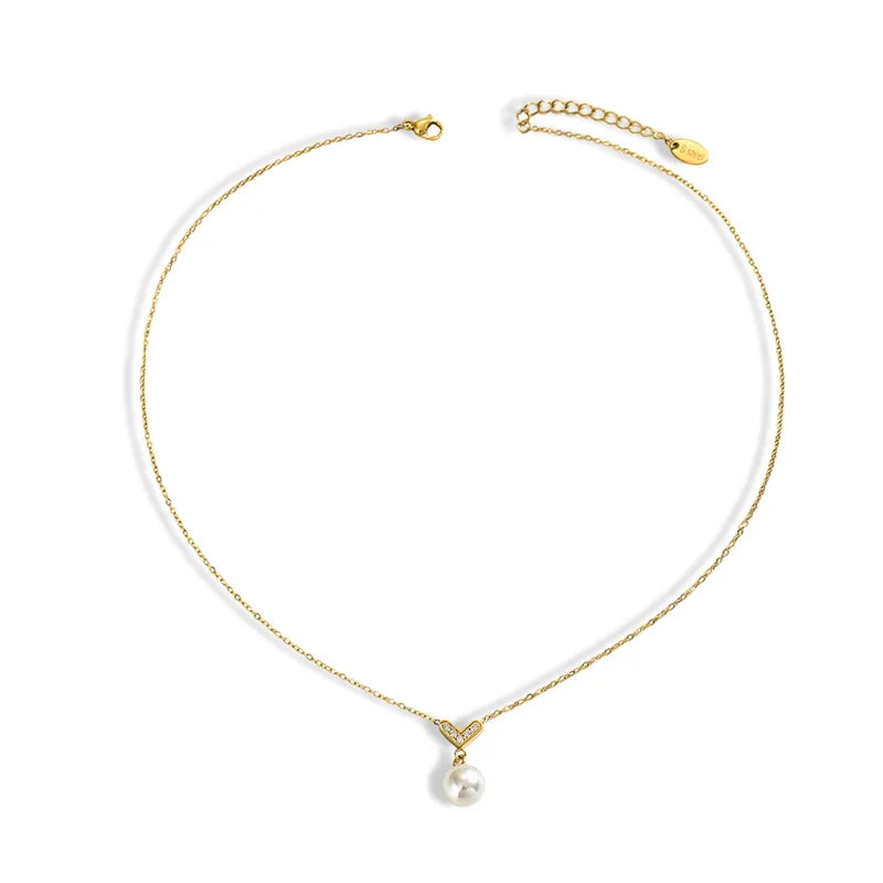 Harlow, Milad Style V-Shaped Diamond-Studded Pearl Necklace, Stainless Steel Clavicle Chain Design, 18K Real Gold Plated Vacuum Electroplated Ball Chain Pendant