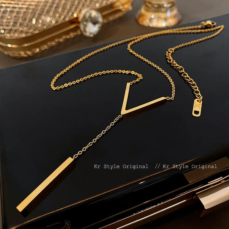 V Style dangle Titanium Steel Plating 18k Gold Plated Necklace