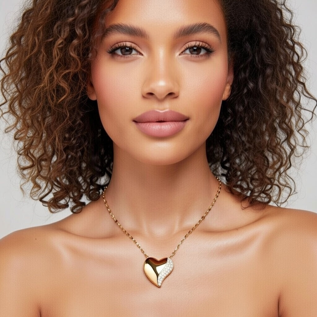 Jada, Split Heart Style Stainless Steel Copper Zircon 18K Gold Plated Inlay Pendant Necklace