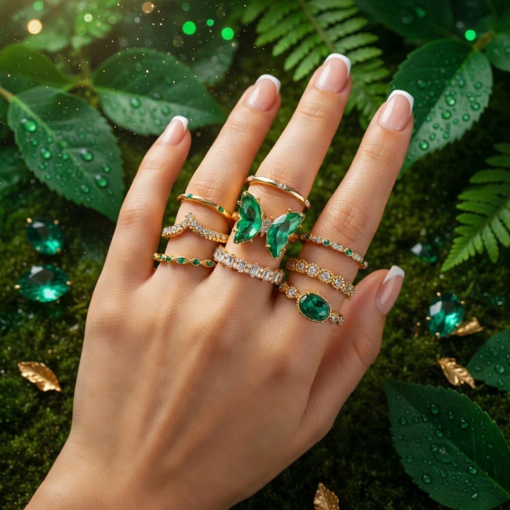 Emerald, Personalized Creative Green Collection Open Ring Set,  9-Piece Stackable