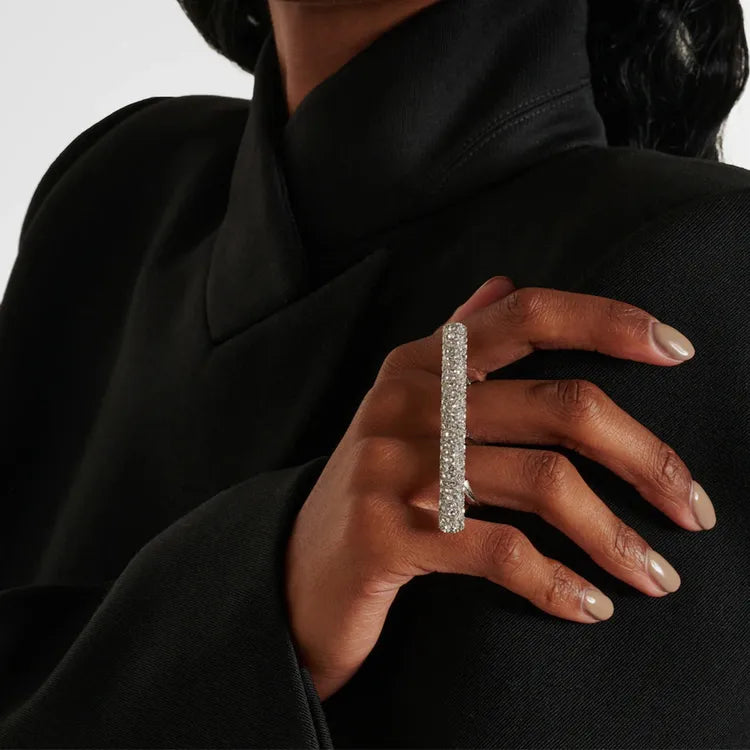 Prisilla, Steel Geometric Rhinestone Faux Diamond Double Finger Adjustable