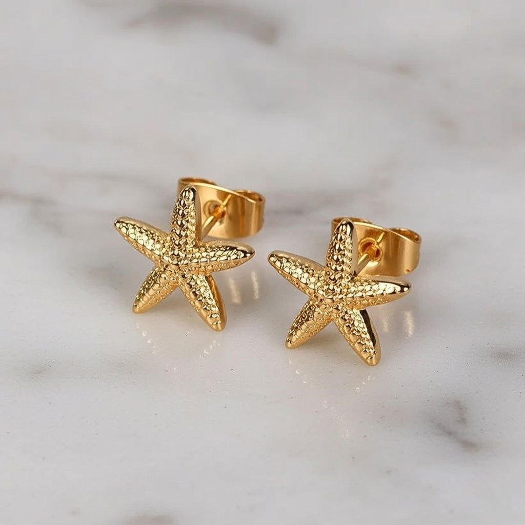 Star Fish Style Small Stud Earrings, Gold Plated Stainless Steel  Earring Set (1 Pair)