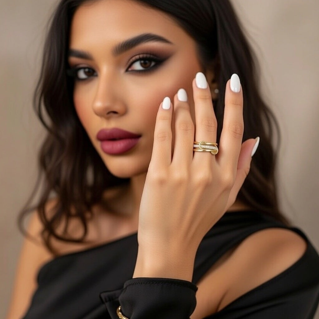 Aurora, Layered Stainless Steel Full Drill Quad Ring Interlocking Double Color Multi Element New Design Geometric Pattern Women's Ring