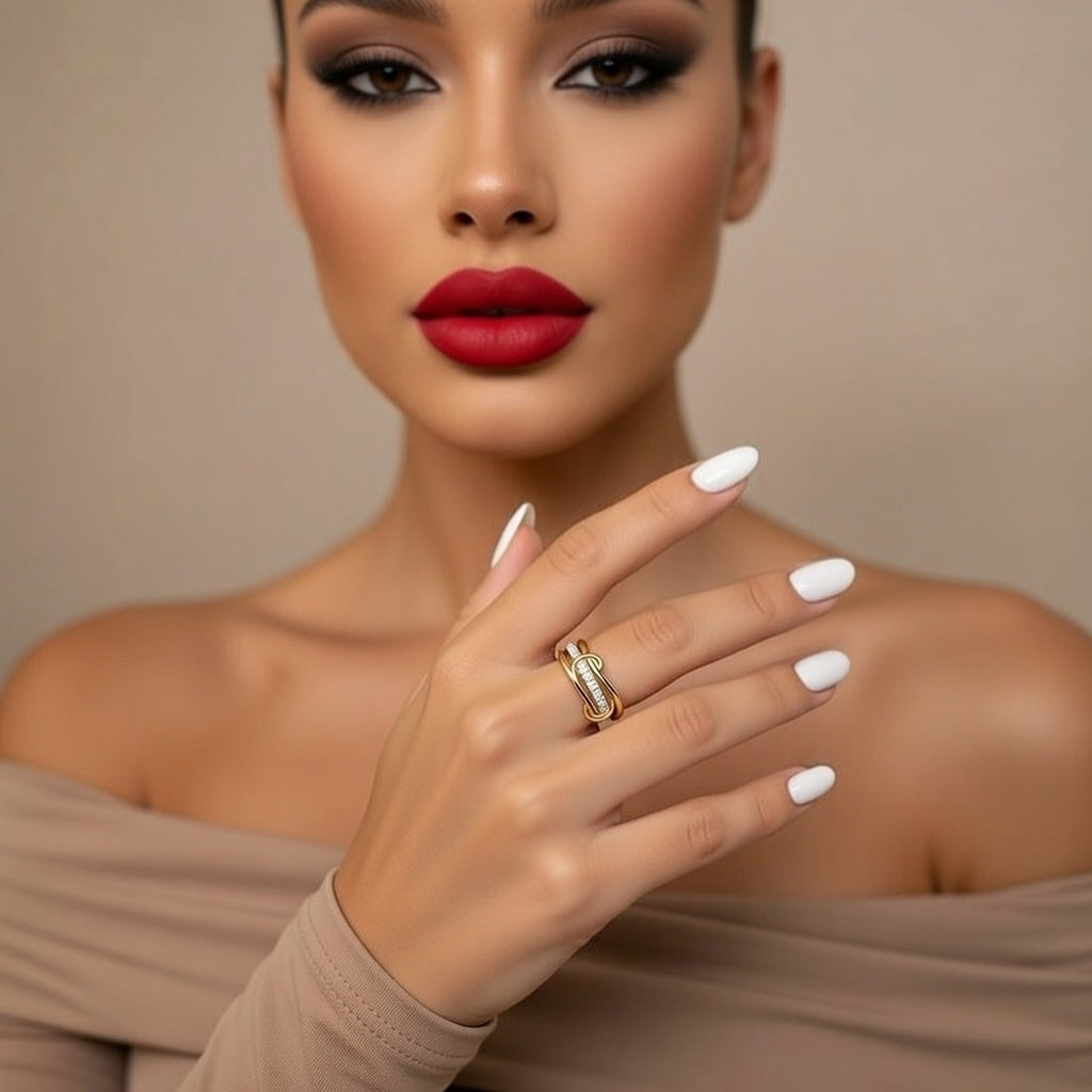 Aurora, Layered Stainless Steel Full Drill Quad Ring Interlocking Double Color Multi Element New Design Geometric Pattern Women's Ring