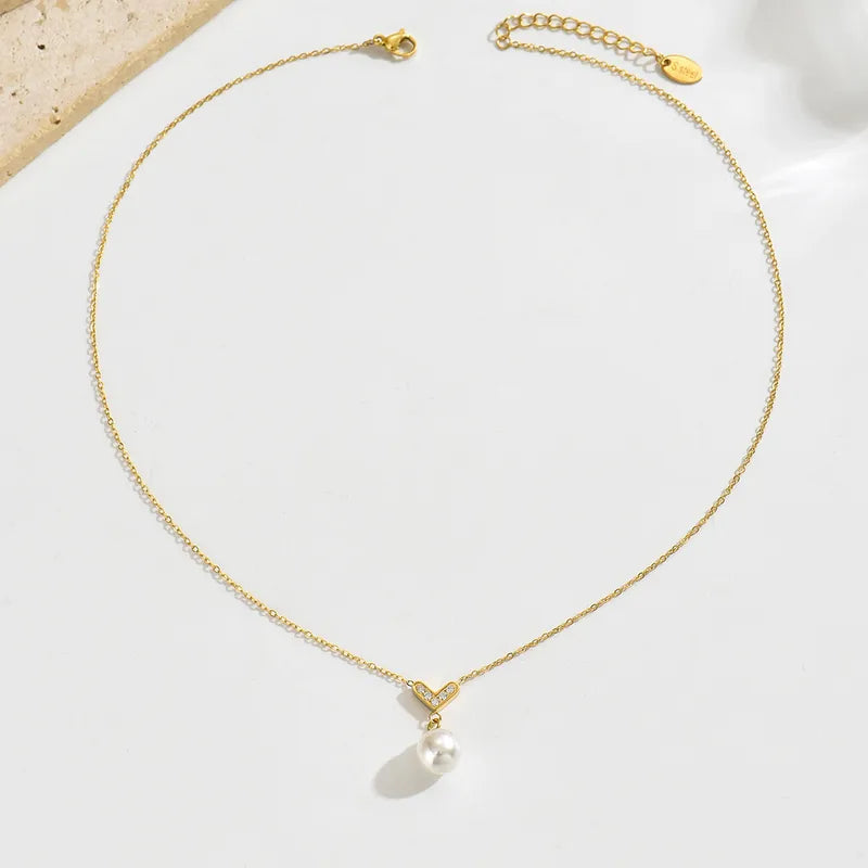 Harlow, Milad Style V-Shaped Diamond-Studded Pearl Necklace, Stainless Steel Clavicle Chain Design, 18K Real Gold Plated Vacuum Electroplated Ball Chain Pendant