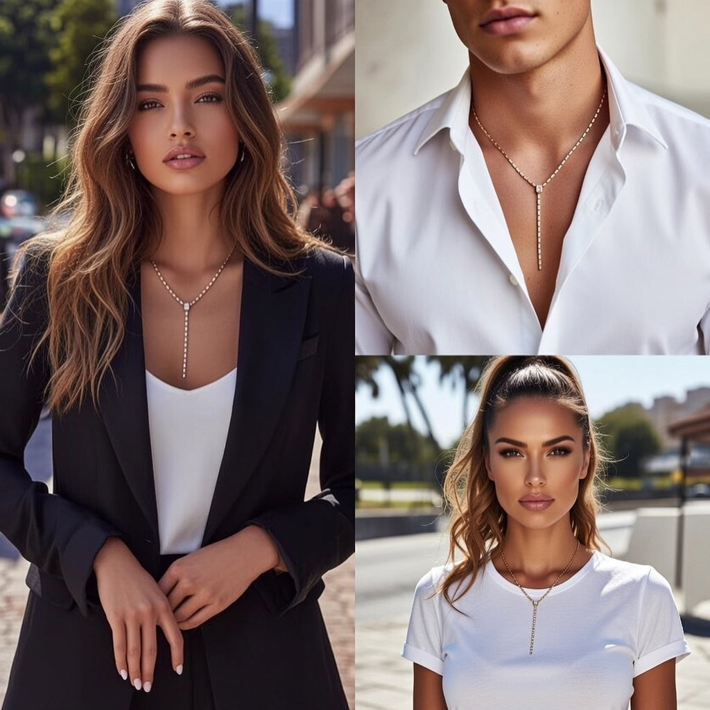 18K Gold Stainless Steel Zirconia Square Y-Chain Necklace 40+5cm Vacuum Plated Real Gold Pendant