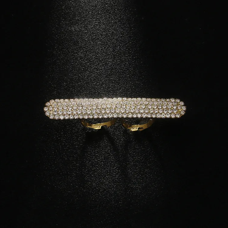 Prisilla, Gold Geometric Rhinestone Faux Diamond Double Finger Adjustable