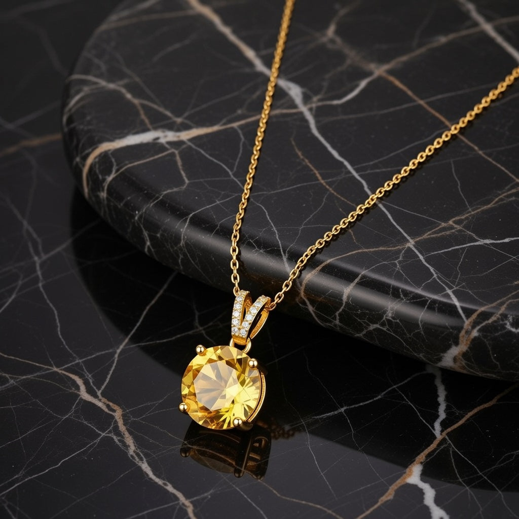 Cindy, Yellow Stone Stainless Steel Plating Inlay Zircon Pendant Necklace
