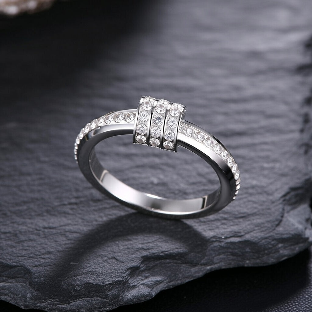 White K Plated Stainless Steel, Inner Electroplated 18K Gold Zircon Studded Sized Fashion Ring