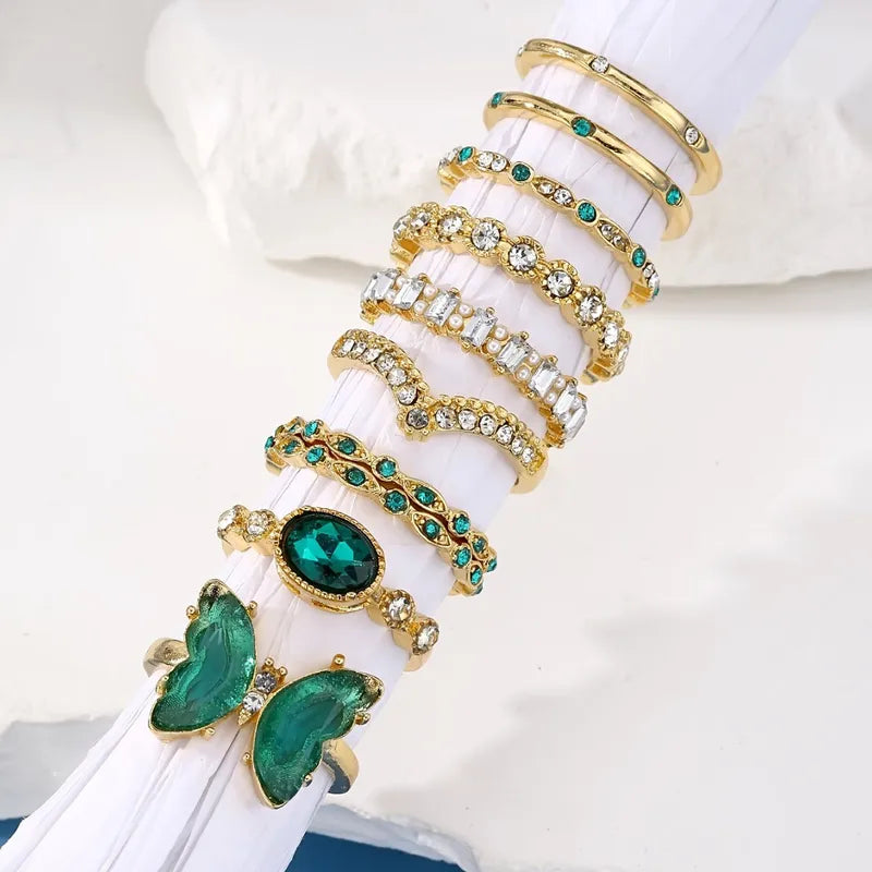 Emerald, Personalized Creative Green Collection Open Ring Set,  9-Piece Stackable