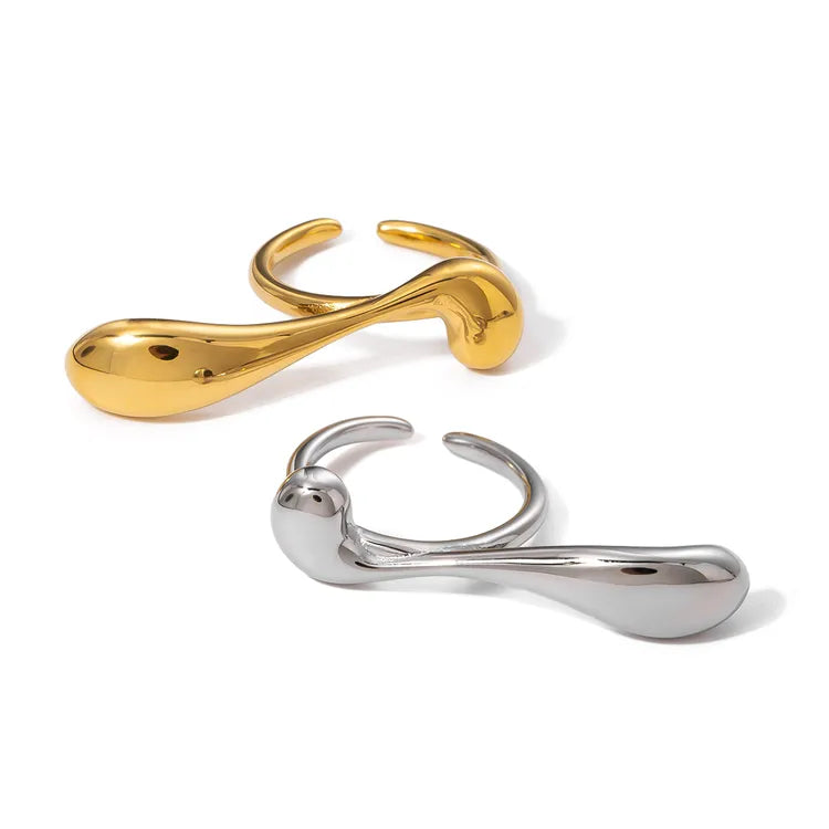 Double finger droplet style, open ring Gold Plated 304 Stainless Steel with PVD Coated Waterproof Non Tarnish Plating in Gold