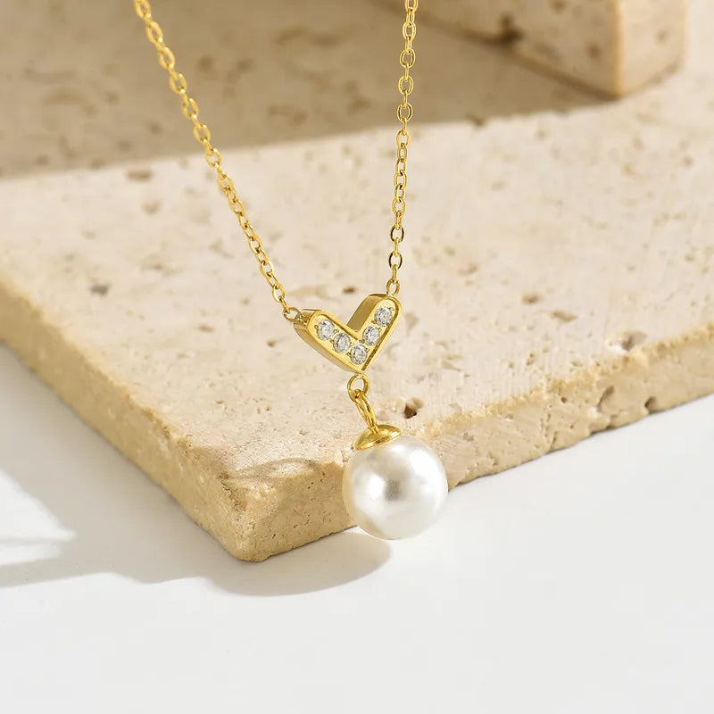 Harlow, Milad Style V-Shaped Diamond-Studded Pearl Necklace, Stainless Steel Clavicle Chain Design, 18K Real Gold Plated Vacuum Electroplated Ball Chain Pendant