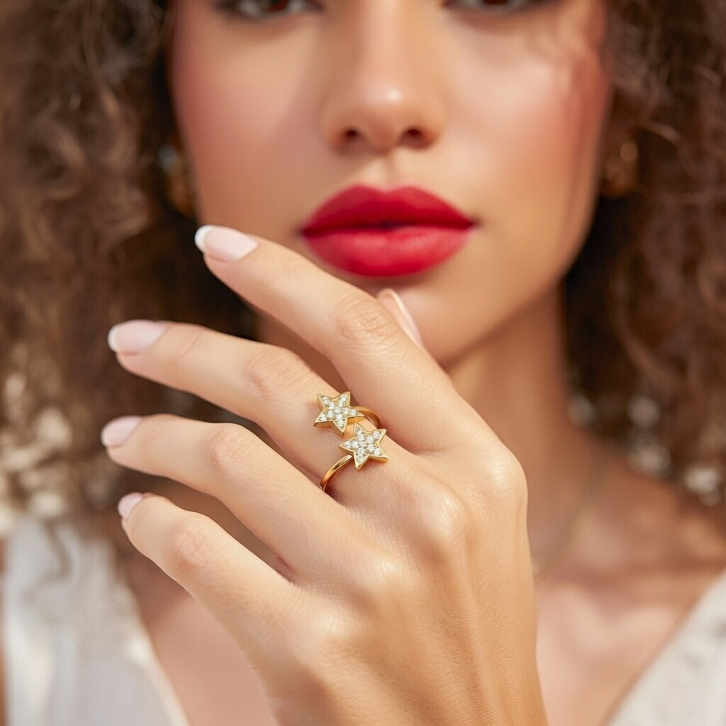 Open Ring Stainless Steel Material Double Star Diamond Inlaid, Gold Plating