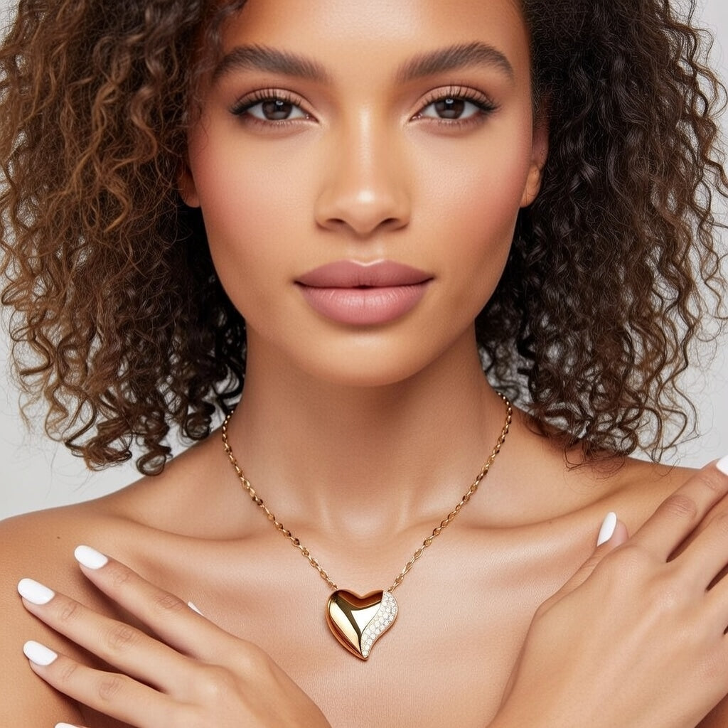 Jada, Split Heart Style Stainless Steel Copper Zircon 18K Gold Plated Inlay Pendant Necklace