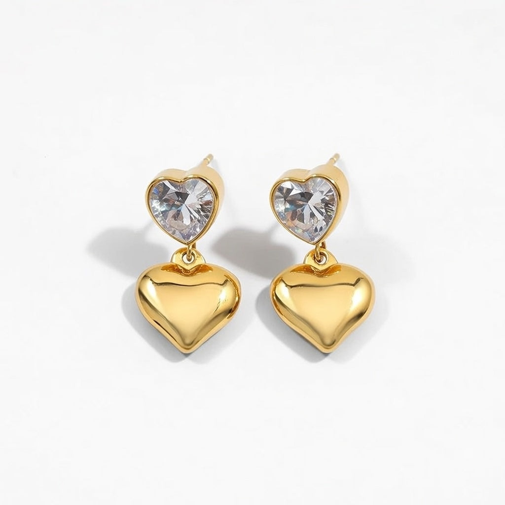 Asia, Real Gold Plated Stainless Steel PVD Coated Heart Shape Drop Ear Studs For Women's