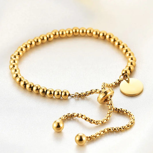 PVD Coated 18K Real Gold Plated Geometric Titanium Steel Beaded Pull Bracelet in Gold
