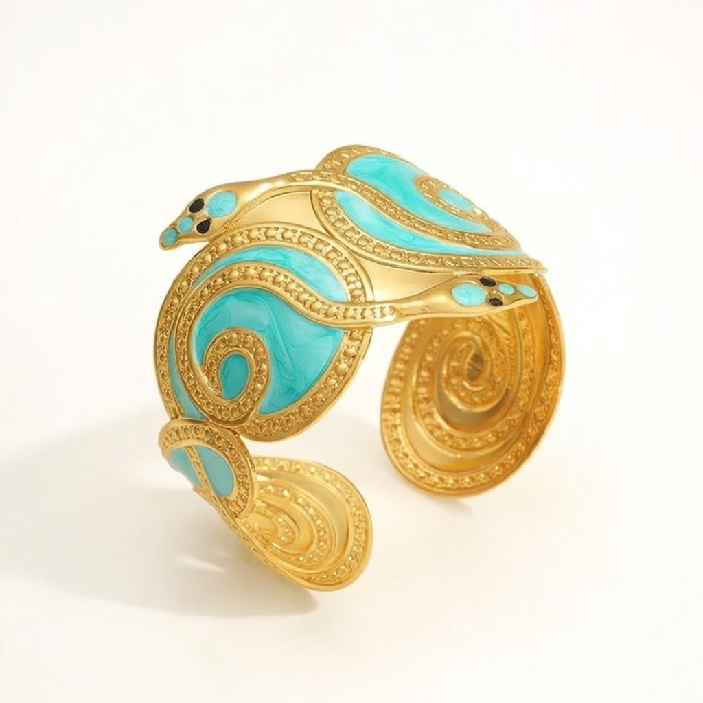 Caribbean Nights, Real Gold Plated Vacuum Electroplating, Turquoise/Gold Snake Shape Stainless Steel Bracelet