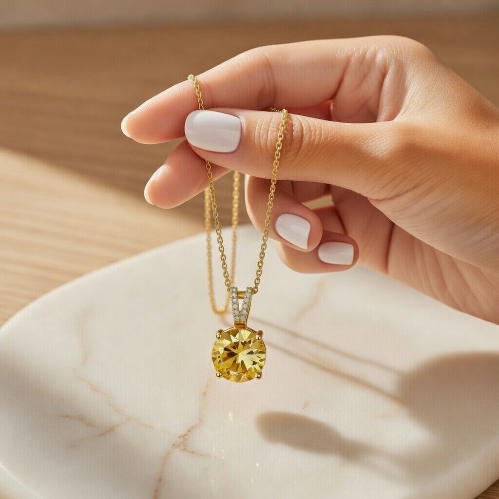 Cindy, Yellow Stone Stainless Steel Plating Inlay Zircon Pendant Necklace