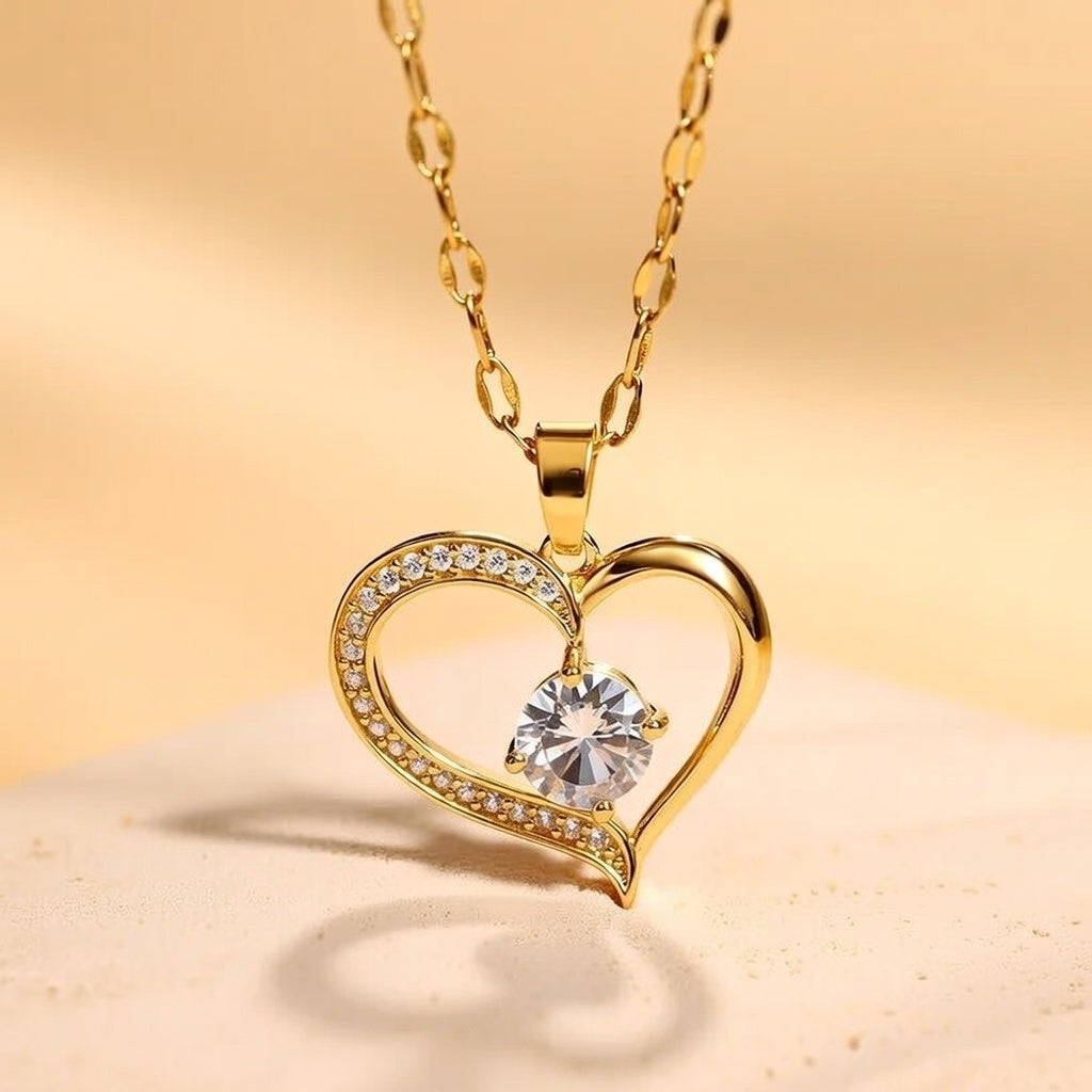 Heart Shape Stainless Steel Zircon Hollow Out Pendant Necklace