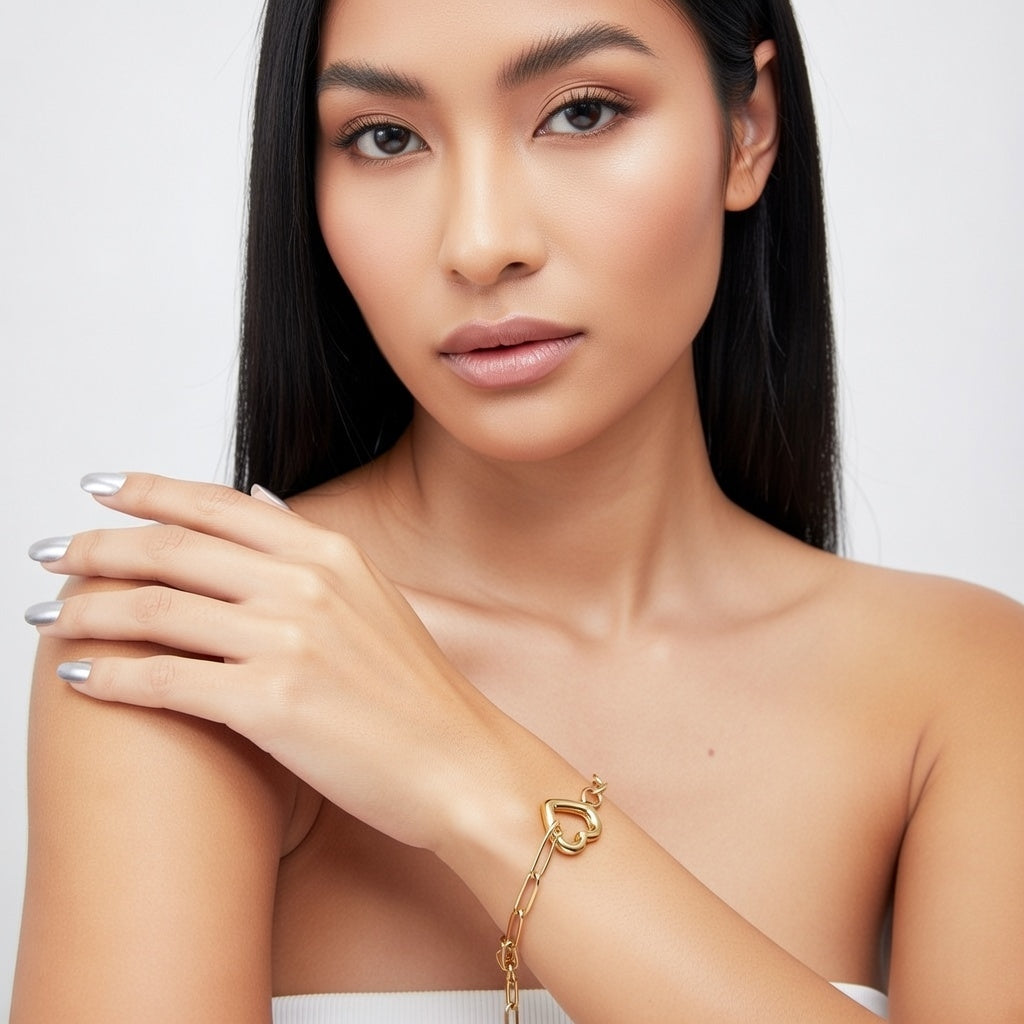 Big Heart Wire Style Bracelet, 3*17*16mm Peach Heart Clasp Accessory 18+3cm+6mm Round Plaque, Stainless steel +18K Gold  Plated