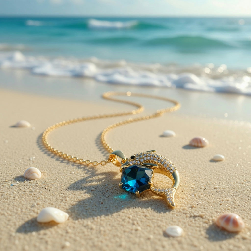 Blue Dolfin Style Stainless Steel Plating Inlay Zircon Pendant Necklace