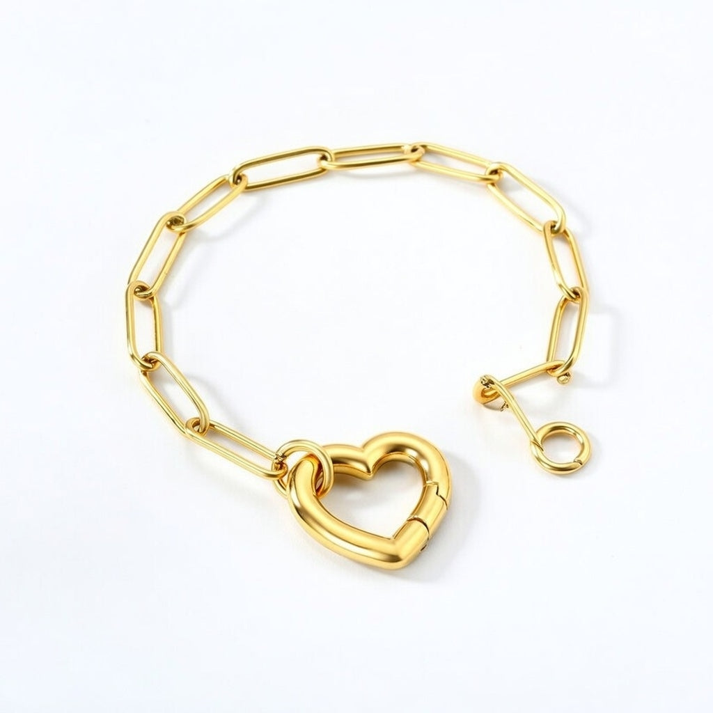 Big Heart Wire Style Bracelet, 3*17*16mm Peach Heart Clasp Accessory 18+3cm+6mm Round Plaque, Stainless steel +18K Gold  Plated