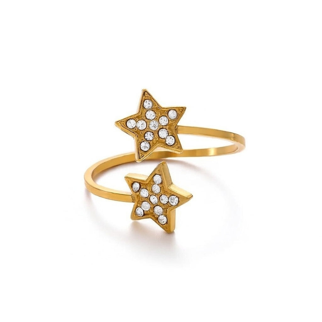 Open Ring Stainless Steel Material Double Star Diamond Inlaid, Gold Plating