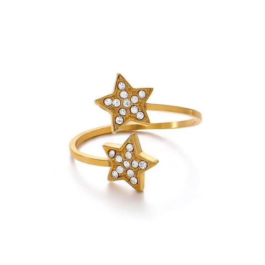 Open Ring Stainless Steel Material Double Star Diamond Inlaid, Gold Plating